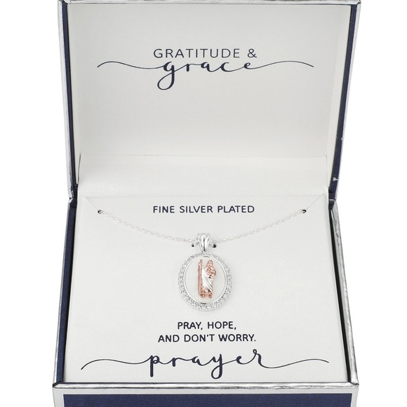 NWT GRATITUDE & GRACE SAINT PENDANT NECKLACE IN TWO TONE FINE SILVER /ROSE GOLD - Picture 2 of 8
